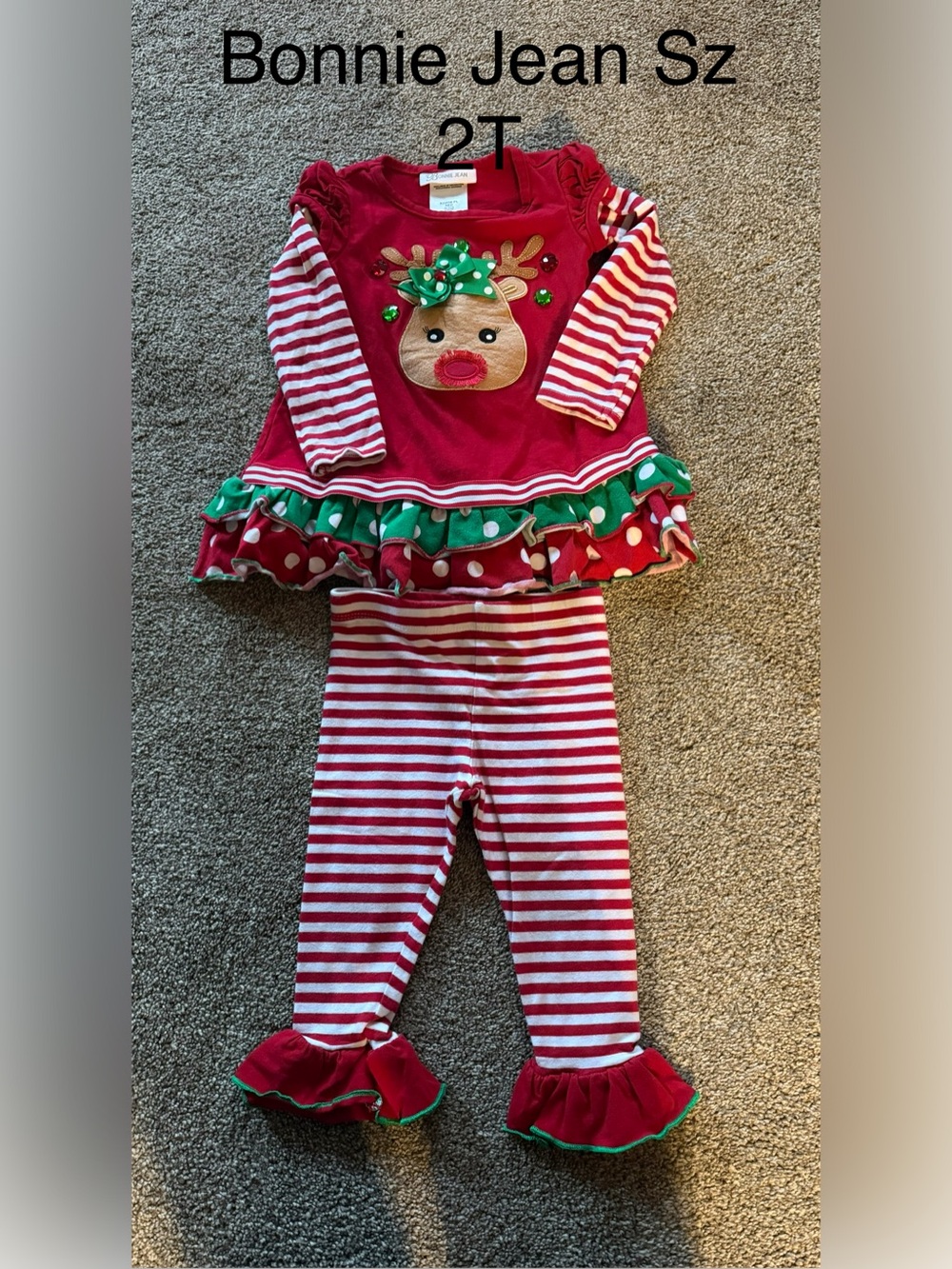 Girls Red Reindeer Holiday Tunic & Striped Leggings Set sz 2T